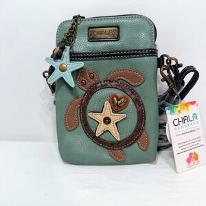 Chala Handbags Sea Turtle Cell Phone Crossbody Purse Teal Vegan Leather Beachy